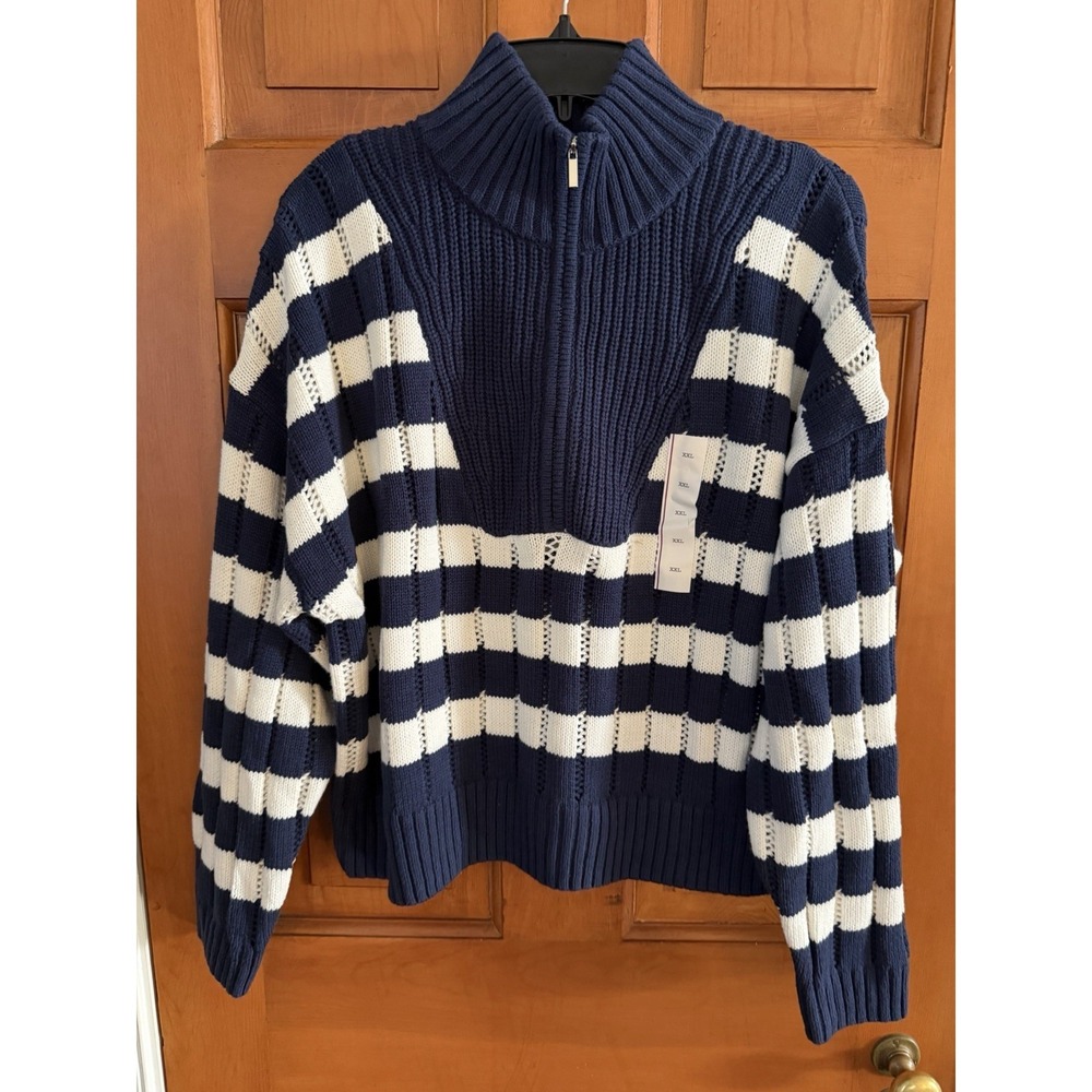 Women's A New Day Navy & White Striped Mock Turtleneck Quarter Zip Sweater XXL